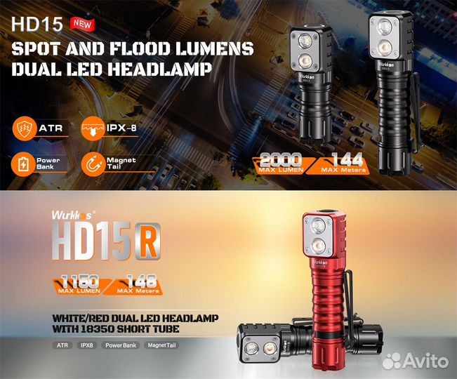 Фонарь налобный Wurkkos HD15, HD15R 2000 lm USB-C