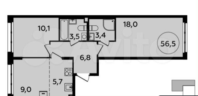 3-к. квартира, 56,5 м², 2/12 эт.