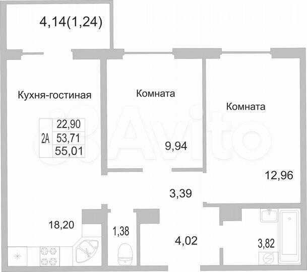 2-к. квартира, 55 м², 4/9 эт.