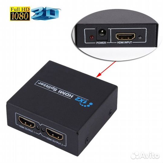 Разветвитель- сплиттер hdmi,1 вход, 2 выхода, v1,4