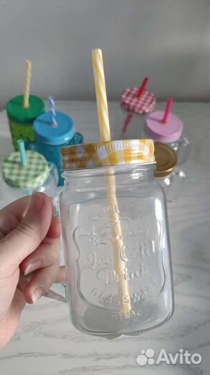 Кружка-банка с ручкой, крышкой и трубочкой