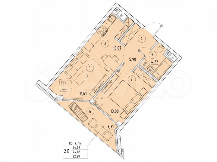 2-к. квартира, 52,6 м², 7/20 эт.