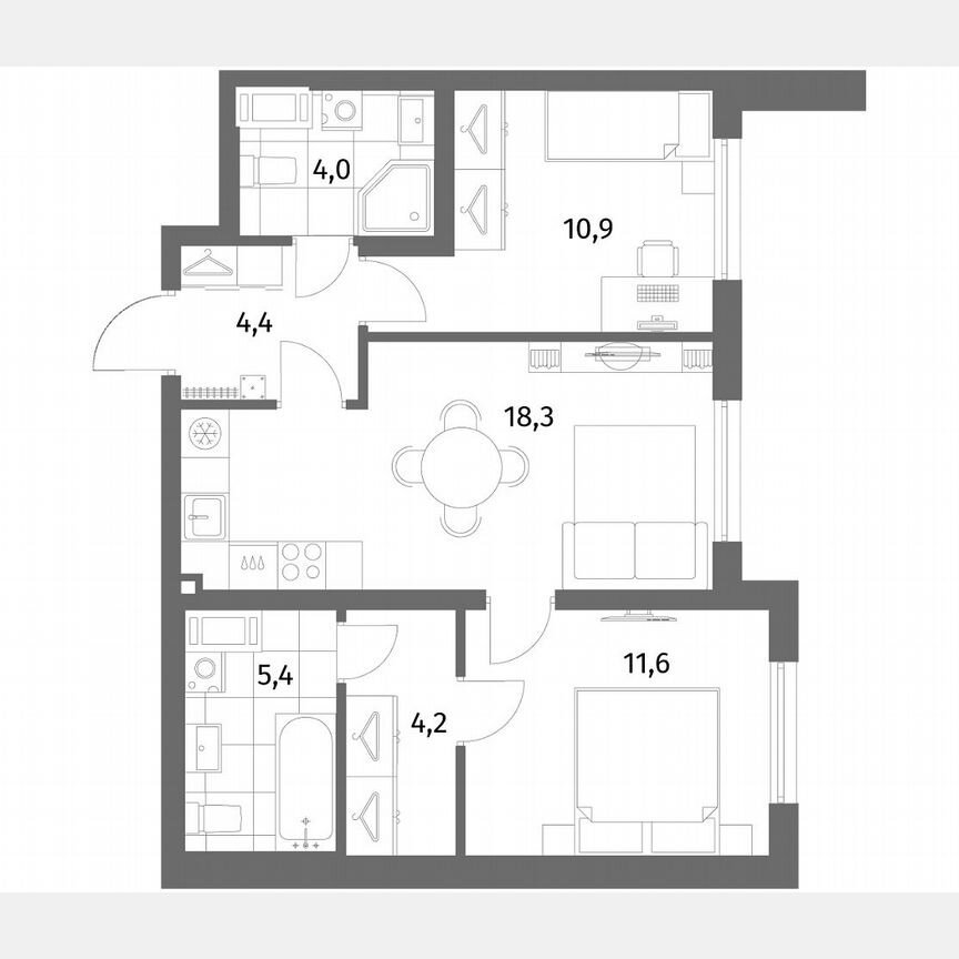 2-к. квартира, 58,8 м², 6/6 эт.