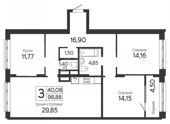3-к. квартира, 98,9 м², 5/22 эт.