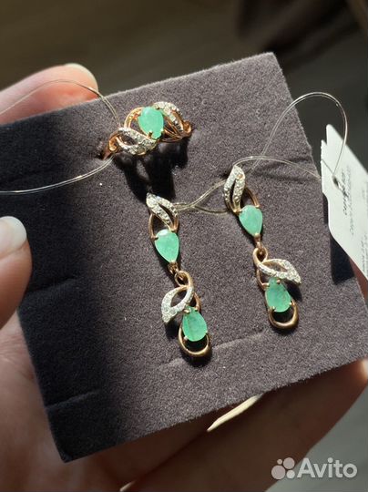 Комплект серьги кольцо серебро с изумрудами