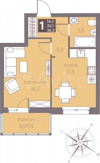 1-к. квартира, 36,5 м², 8/16 эт.