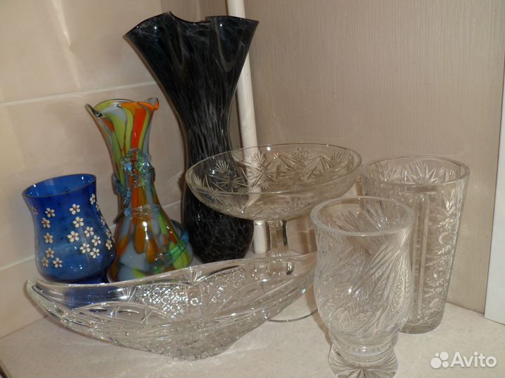 Ваза цветное стекло, хрусталь, графин, рюмки СССР
