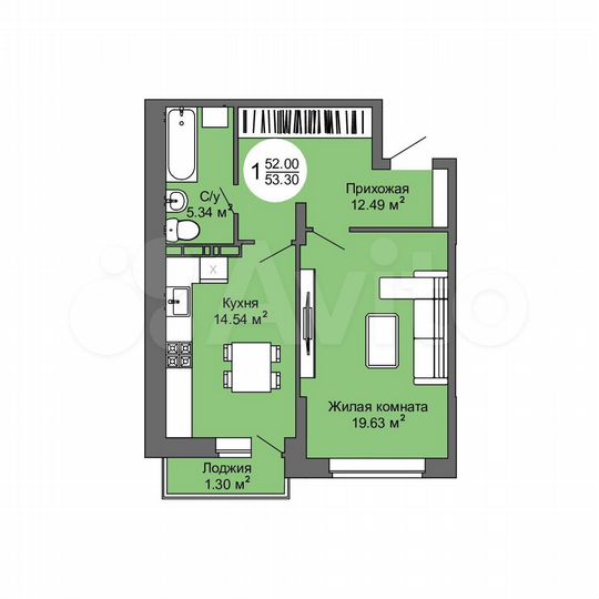 1-к. квартира, 53,3 м², 15/17 эт.