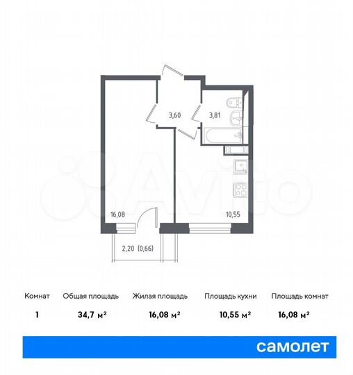 1-к. квартира, 34,7 м², 8/12 эт.