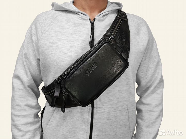 Мужская сумка на пояс, натуральная воловья кожа