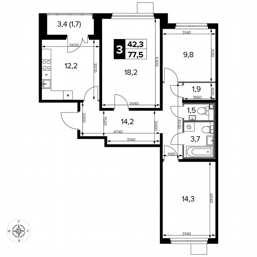 3-к. квартира, 77,9 м², 14/15 эт.