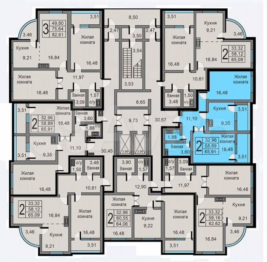 2-к. квартира, 65,9 м², 13/19 эт.