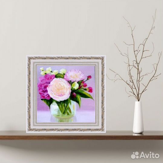 Букет цветов в вазе картина 20х20 см