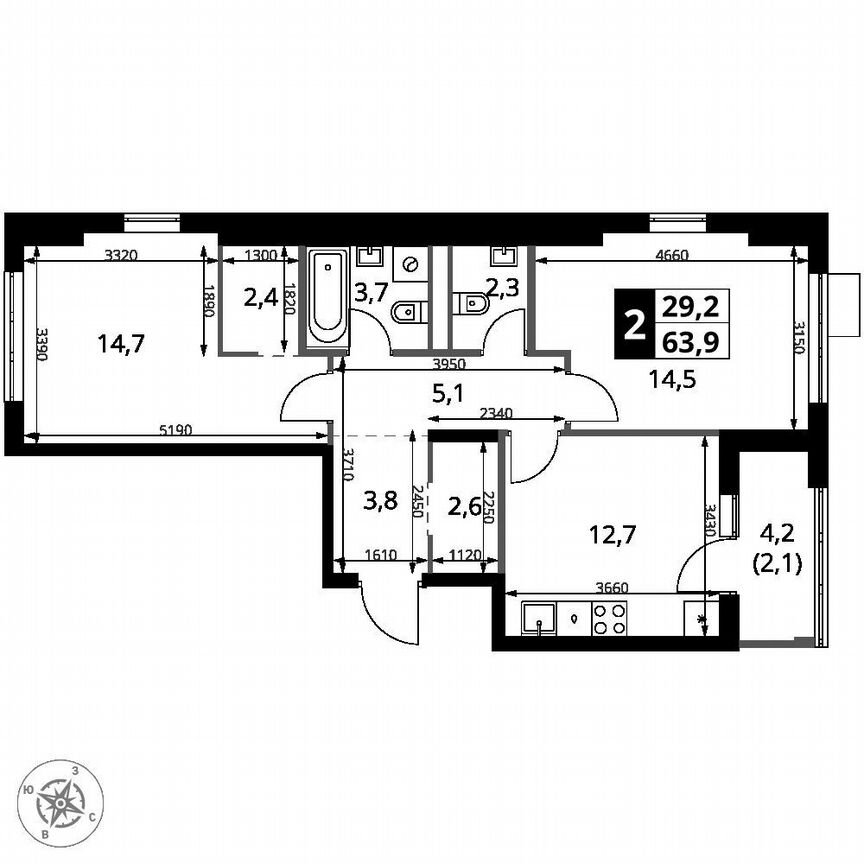 2-к. квартира, 63,9 м², 11/18 эт.