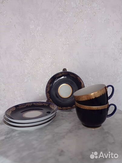 Блюдце и чашки кобальт лфз, позолота Дулево