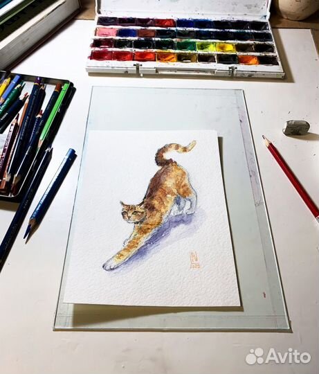 Рисунок Акварельный Рыжий Кот Оригинал Картина Руч