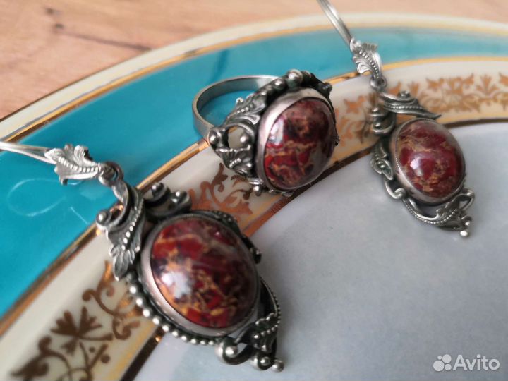 Серьги Кольцо СССР Мельхиор Яшма Уникальная работа