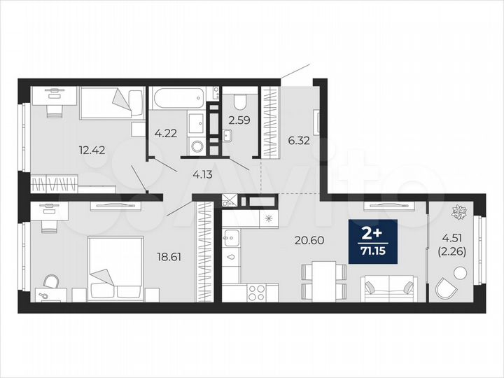 2-к. квартира, 71,2 м², 20/21 эт.