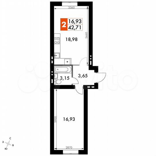 1-к. квартира, 42,7 м², 3/4 эт.