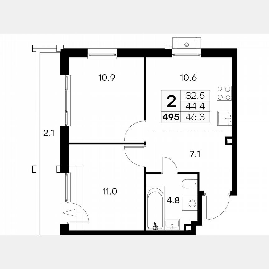 2-к. квартира, 46,3 м², 14/23 эт.