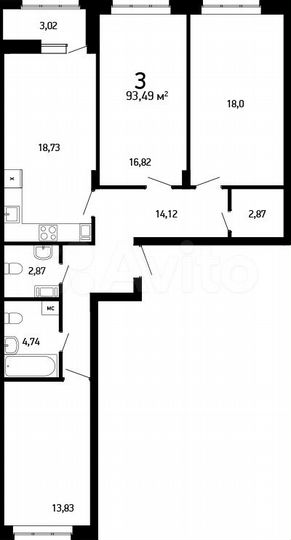 3-к. квартира, 93,5 м², 4/10 эт.