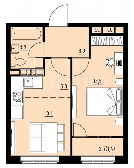 2-к. квартира, 37,8 м², 4/4 эт.