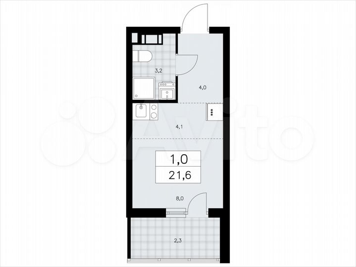 Квартира-студия, 21,6 м², 6/9 эт.