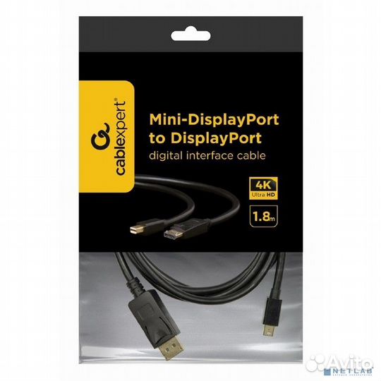 Кабель miniDP-DP Cablexpert CCP-mDP2-6, 20M/20M, v.1.2, 4K, 1.8м, черный, позол.разъемы, пакет