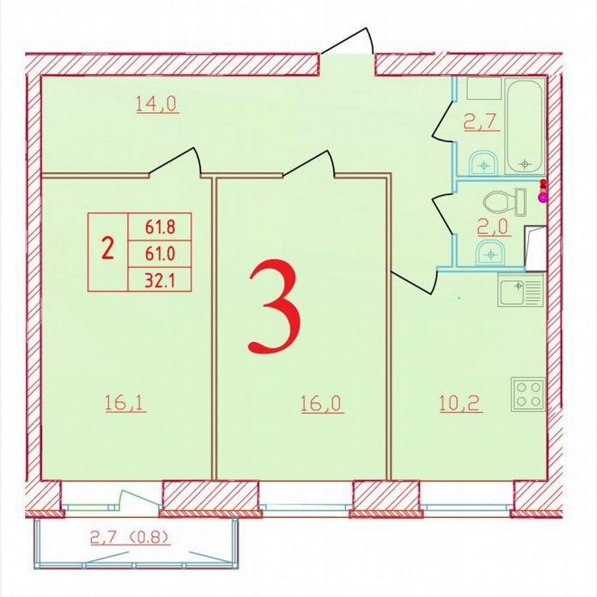 2-к. квартира, 61,8 м², 5/9 эт.