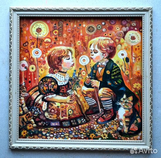 Дети с одуванчиками картина маслом 30* 30 см холст