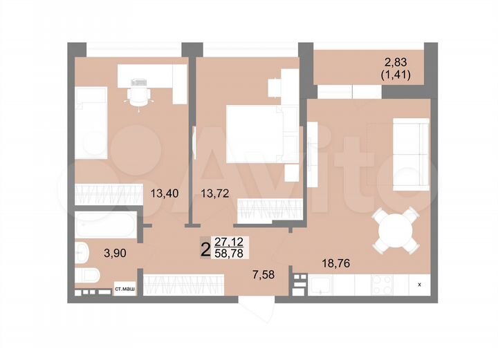 2-к. квартира, 59,8 м², 10/10 эт.