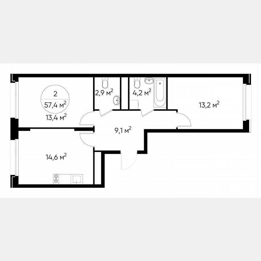 2-к. квартира, 57,4 м², 2/17 эт.