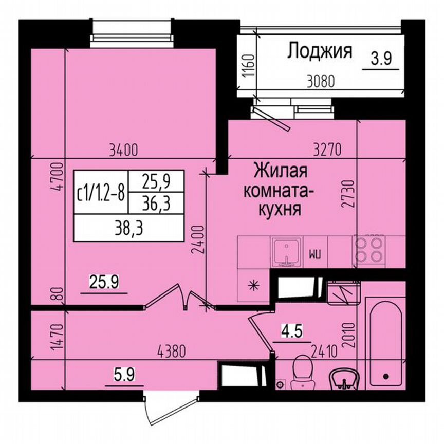 Квартира-студия, 38,3 м², 3/23 эт.