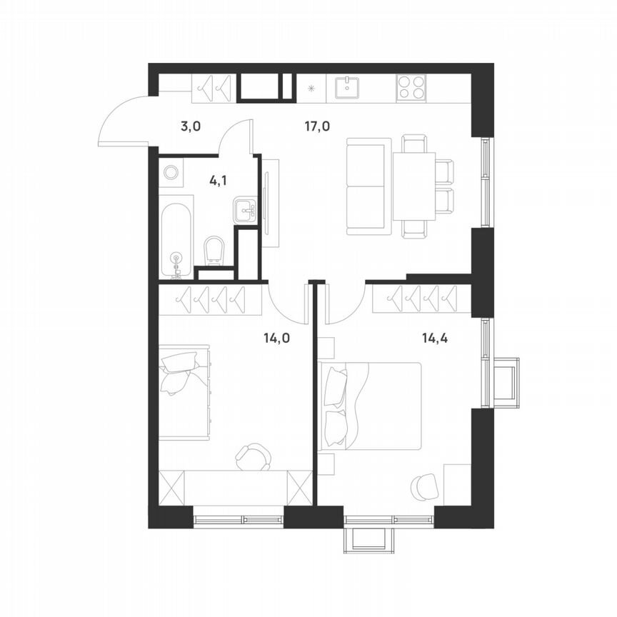 2-к. квартира, 52,5 м², 15/17 эт.