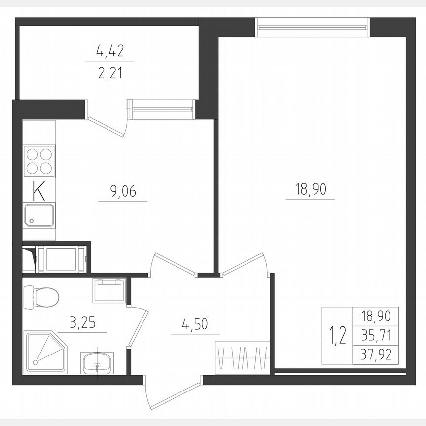1-к. квартира, 37,9 м², 2/8 эт.