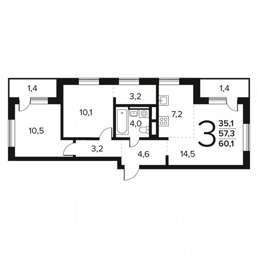 3-к. квартира, 60,1 м², 8/12 эт.