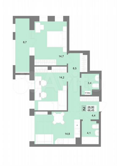 2-к. квартира, 66,9 м², 9/31 эт.