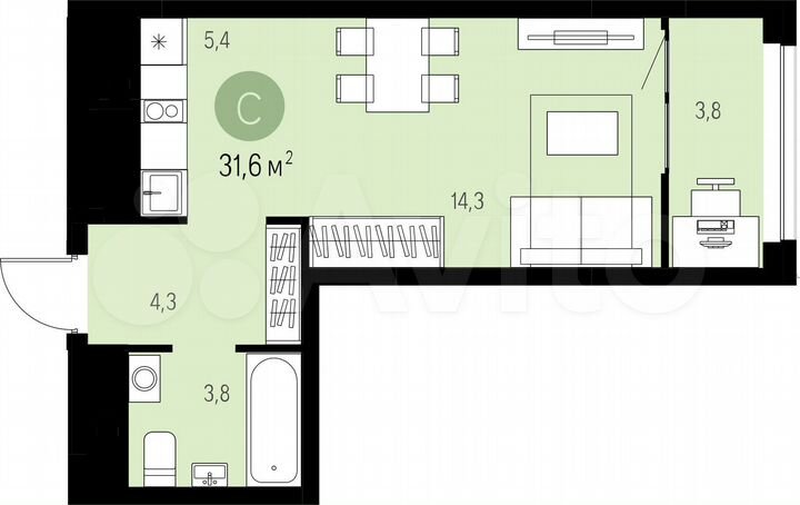 Квартира-студия, 31,6 м², 13/16 эт.