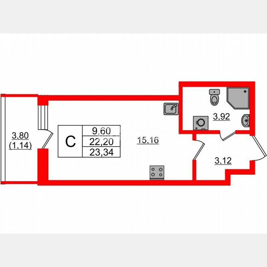 Квартира-студия, 22,2 м², 2/12 эт.