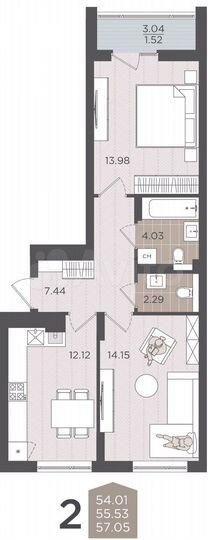 2-к. квартира, 57,1 м², 6/9 эт.