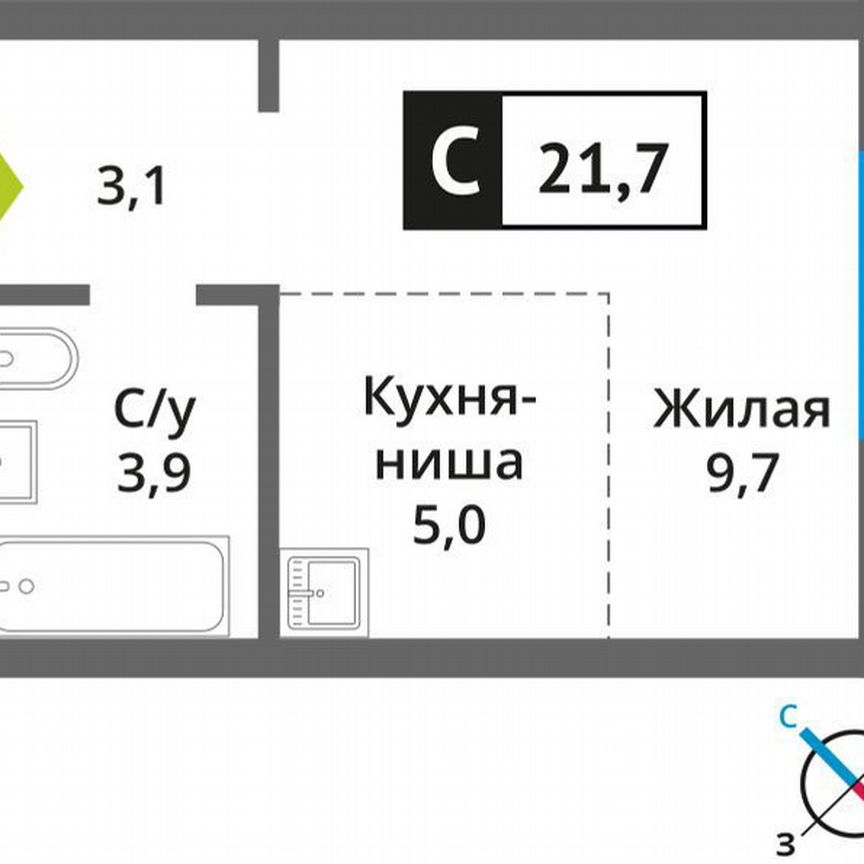 1-к. квартира, 21,7 м², 9/9 эт.