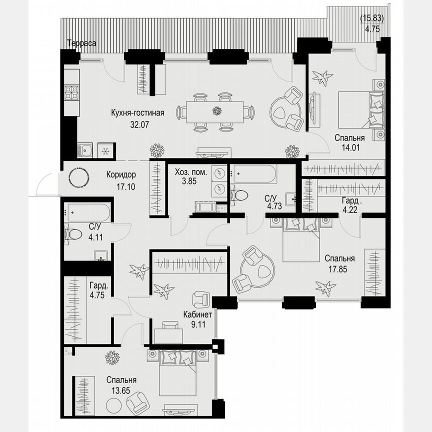 4-к. квартира, 130,2 м², 6/6 эт.