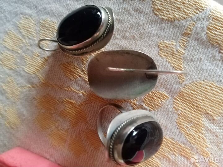 Мельхиоровый набор серьги + кольцо 17,5 агат черны