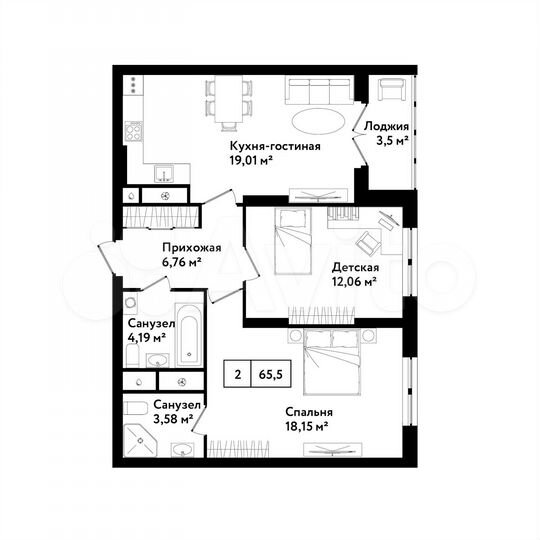 2-к. квартира, 65,5 м², 4/25 эт.