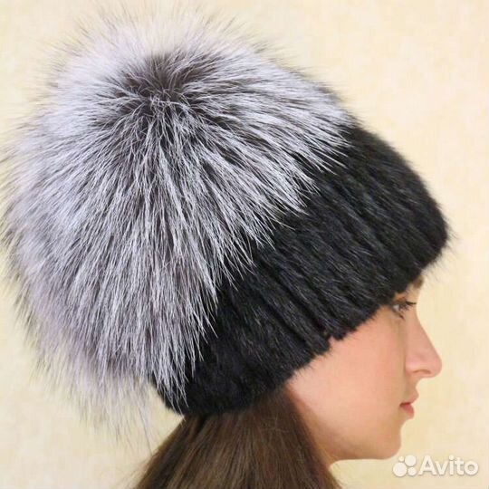 Шапка вязаная норка с чернобуркой