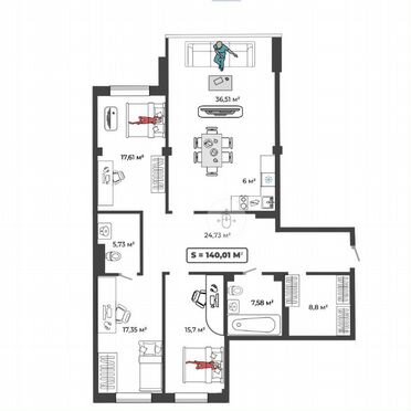 4-к. квартира, 113,5 м², 3/7 эт.