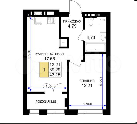 1-к. квартира, 43,1 м², 3/7 эт.