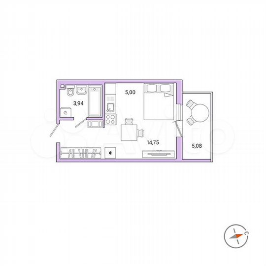 1-к. квартира, 25,2 м², 9/9 эт.