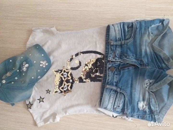 Джинсовые шорты,футболка, кепка джинсовая