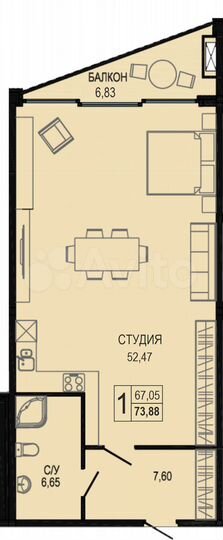 Апартаменты-студия, 74 м², 7/9 эт.